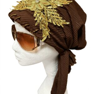Embellished Gold Lace Pleated Turban Scarf – Chocolate Brown