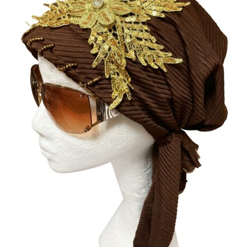 scarf-5 Embellished Gold Lace Pleated Turban Scarf – Chocolate Brown