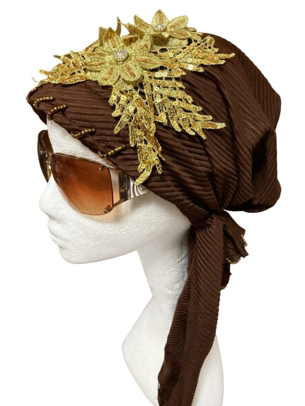 Embellished Gold Lace Pleated Turban Scarf – Chocolate Brown